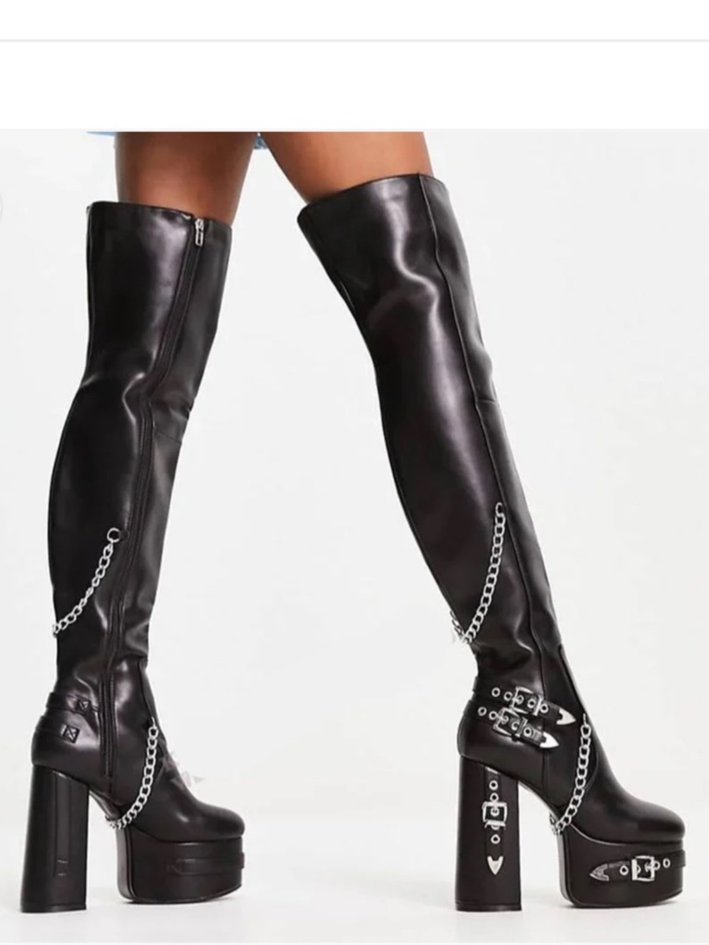 Black Over-the-Knee Platform Boots with Chain and Buckle Detail - Picture 4 of 6